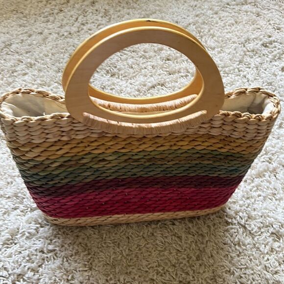 Vintage Straw Handbag - Authentic Cappelli Wooden Handled Purse Beautiful - Picture 2 of 16